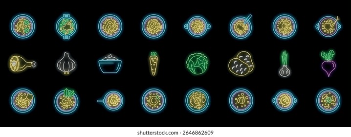 Neon icons of hot soup ingredients, including potatoes, carrots, cabbage, beet, onion, garlic, and chicken leg, create a vibrant culinary display