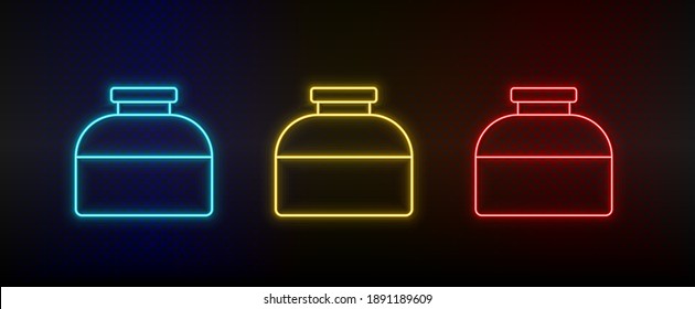 Neon icons, ink, bottle. Set of red, blue, yellow neon vector icon