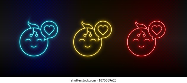 Neon icons. intelligence robot love. Set of red, blue, yellow neon vector icon