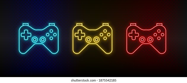 Neonsymbole. Joystick-Spiel-Controller Gaming. Satz von rotem, blauem, gelbem NeonVektorsymbol