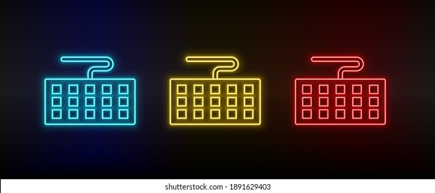 Neon icons, keyboard, computer. Set of red, blue, yellow neon vector icon