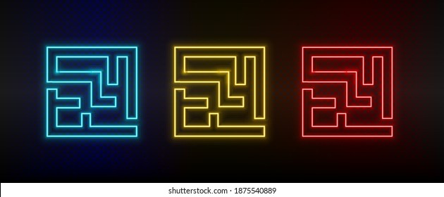 Neon icons. Labyrinth way road. Set of red, blue, yellow neon vector icon