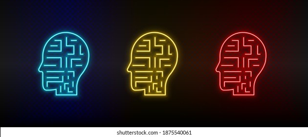 Neon icons. mechanism robot man. Set of red, blue, yellow neon vector icon