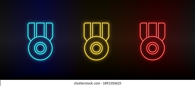 Neon icons, medal, prize. Set of red, blue, yellow neon vector icon