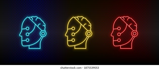 Neon icons. memory robot intelligence smart. Set of red, blue, yellow neon vector icon