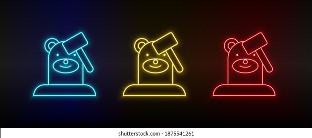 Neon icons. Mole game whack retro arcade. Set of red, blue, yellow neon vector icon