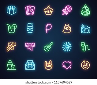 Neon icons for music, holiday, romantic, party theme. Set of 20 shining fluorescent labels isolated on black background. Advertising led logo. Vector illustration