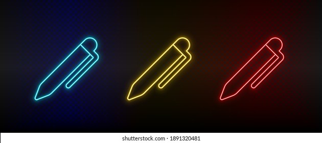 Neon icons, pencil. Set of red, blue, yellow neon vector icon