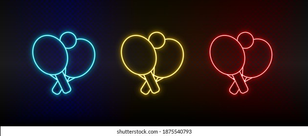 Neon icons. Ping pong racket table tennis. Set of red, blue, yellow neon vector icon