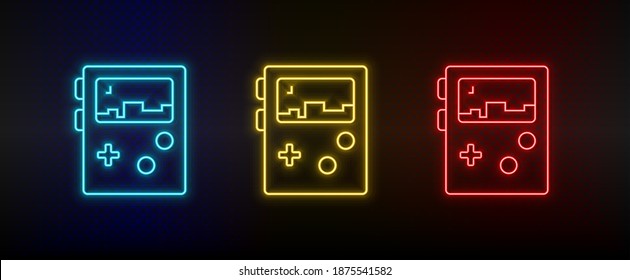 Neon icons. Portable console gaming retro. Set of red, blue, yellow neon vector icon