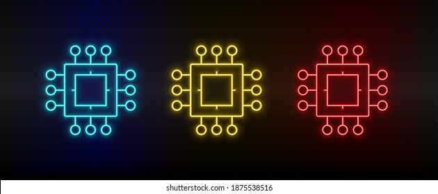Neon icons. processor chip. Set of red, blue, yellow neon vector icon