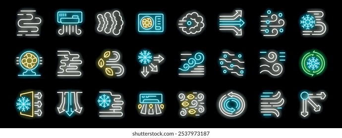 Neon icons represent ventilation, air conditioning, airflow, and temperature control, highlighting efficient cooling and heating systems