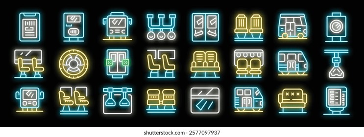 Neon icons representing elements of train travel, including interior and exterior views, seating arrangements, doors, windows, tickets, and bus