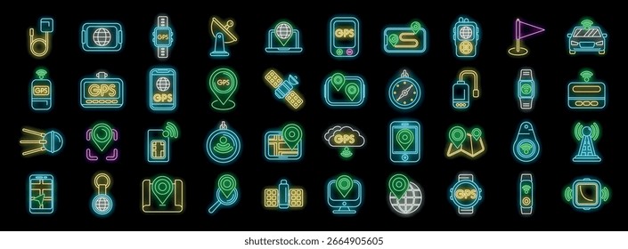 Ícones de néon que representam dispositivos de navegação e rastreamento gps que destacam a tecnologia do sistema de posicionamento global