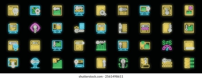 Neon icons representing keyword research and optimization, essential for successful content marketing and seo strategies