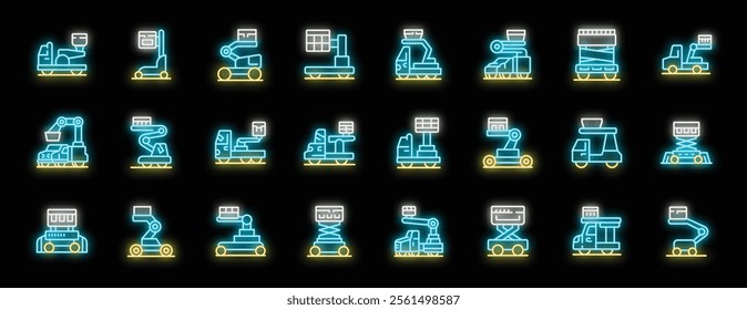 Neon icons representing lifting platforms, including scissor lifts, boom lifts, and other aerial work platforms used in construction and maintenance