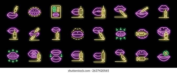 Neon icons representing lip augmentation procedures, hyaluronic acid injections, and permanent makeup techniques