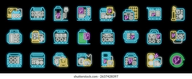 Neon icons representing portable power stations highlight various charging methods and backup electricity solutions