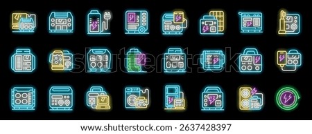 Neon icons representing portable power stations highlight various charging methods and backup electricity solutions