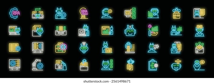 Neon icons representing robotic process automation concepts, featuring bots, software, and automated tasks