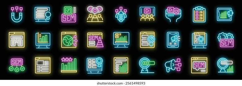 Neon icons representing search engine marketing - sem - strategies, including content marketing, targeted advertising, data analysis, and optimization