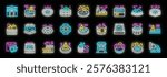 Neon icons representing various aspects of onsen and sento culture, including hot springs, bathing rituals, and traditional japanese bathhouses