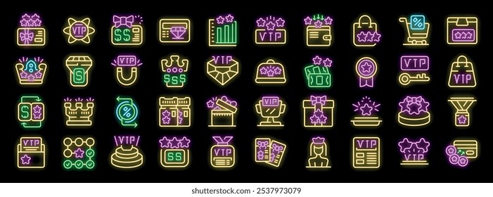 Iconos de neón que representan varios aspectos del tratamiento VIP, incluyendo acceso exclusivo, servicios premium, programas de recompensas y ofertas especiales