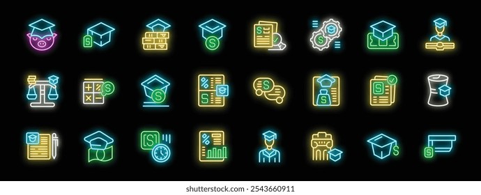 Iconos de neón que representan varios aspectos de la beca y la ayuda financiera, incluidos los ahorros en educación, los Acuerdos de préstamos y el rendimiento académico