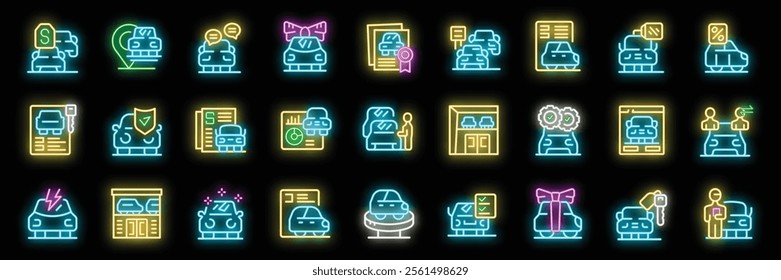 Neon icons representing various aspects of car dealerships, including sales, purchases, insurance, maintenance, and more
