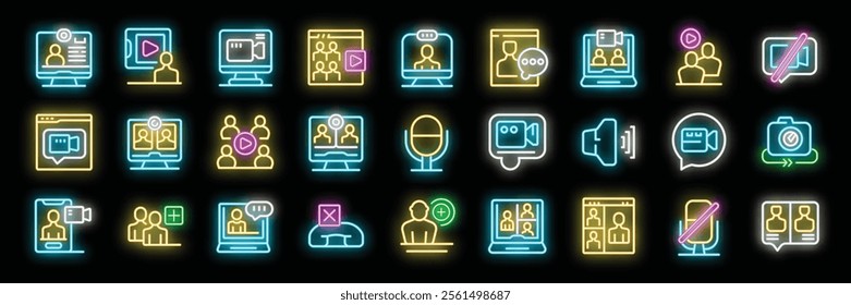 Neon icons representing various aspects of video conferencing, webinars, and remote work communication, highlighting the trend of virtual collaboration