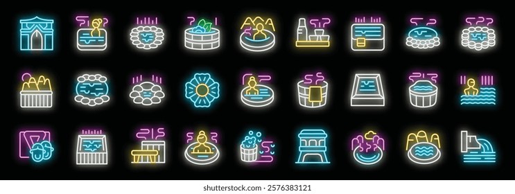 Neon icons representing various aspects of onsen and sento culture, including hot springs, bathing rituals, and traditional japanese bathhouses