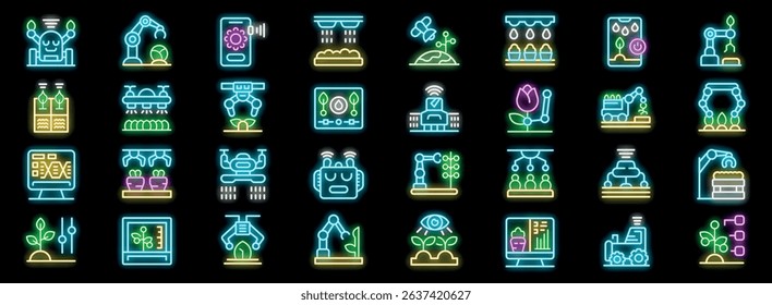 Neon icons representing various aspects of smart agriculture, highlighting automation, robotics, and technological advancements in farming practices