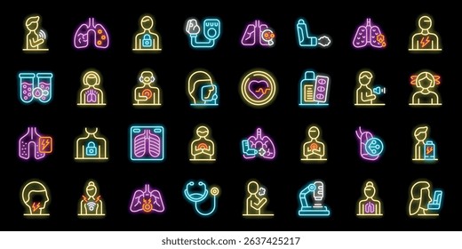 Neon icons representing various aspects of respiratory illness, from symptoms and diagnosis to treatment and patient care