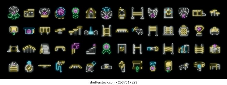 Neon icons representing various aspects of dog training, including agility courses, awards, and accessories, create a vibrant visual