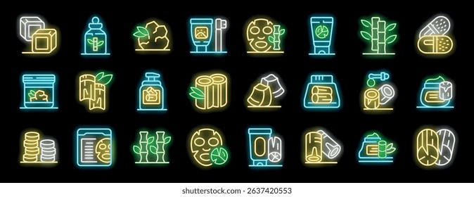 Neon icons representing various bamboo based products, highlighting their use in cosmetics, healthcare, and potentially other applications