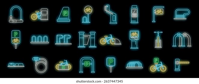 Neon icons representing various bicycle parking solutions, highlighting security, integration with public transport, and urban mobility