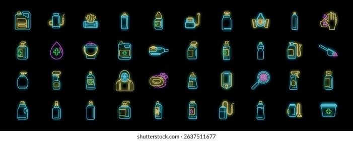 Neon icons representing various disinfection and cleaning supplies, promoting hygiene and disease prevention