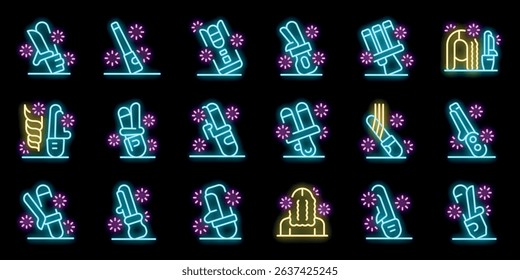 Neon icons representing various hair styling tools and products, including curling irons, hair dryers, straighteners, and braiding accessories