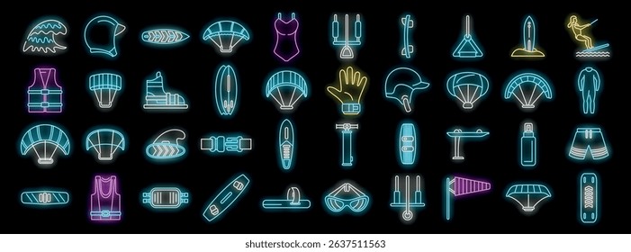Neon icons representing various kitesurfing equipment, accessories, and activities, glowing brightly against a dark background