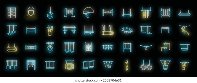 Neon icons representing various rope park activities and equipment, highlighting the excitement and challenges of this outdoor adventure