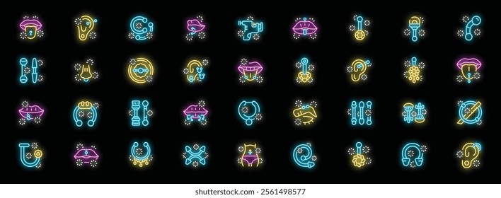 Neon icons representing various types of body piercings, including ear, nose, lip, tongue, and navel piercings, along with piercing jewelry and a piercing gun