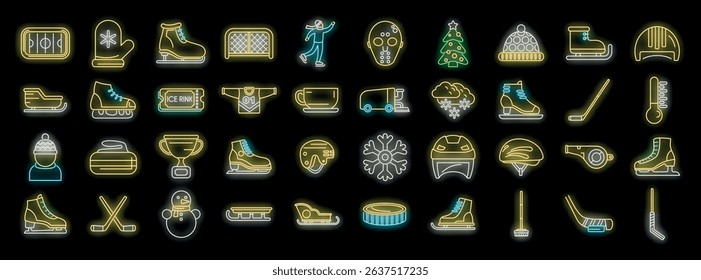 Neon icons representing various winter sports, including ice hockey equipment, ice skating, festive elements, and winter accessories, create a vibrant and glowing winter scene