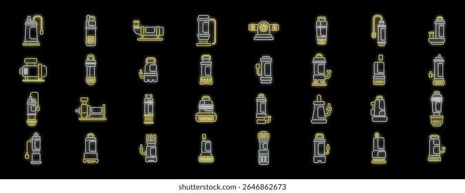 Neon icons representing water pumps, showcasing diverse pumping equipment suitable for a wide range of applications