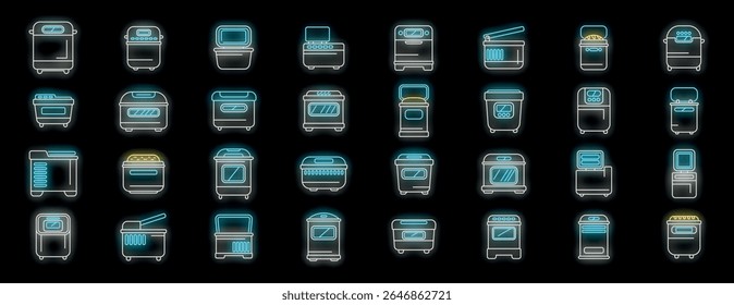 Ícones de néon representando uma grande variedade de utensílios de cozinha, iluminando a arte de cozinhar e assar em um ambiente culinário moderno