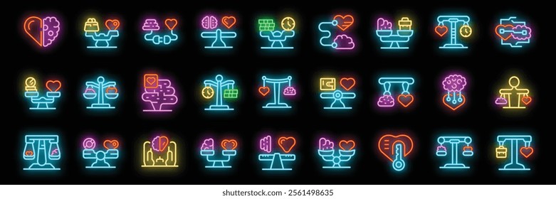 Neon icons representing work life balance, weighing time, money, love and logic, symbolizing harmony and equilibrium
