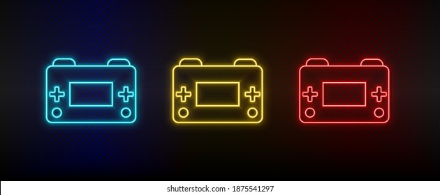 Neon icons. Retro arcade game console. Set of red, blue, yellow neon vector icon