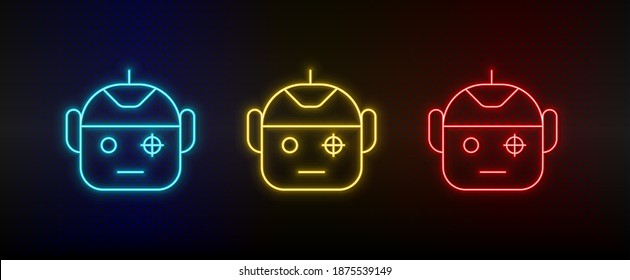 Neon icons. robot scanning smart security. Set of red, blue, yellow neon vector icon