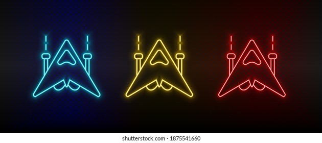 Neon icons. Rocked ship spacecraft retro. Set of red, blue, yellow neon vector icon