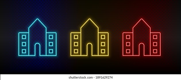 Neon icons, school, building, college. Set of red, blue, yellow neon vector icon