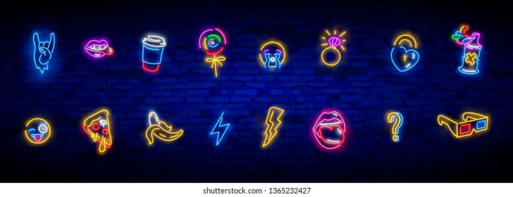 Neon icons set in 80s-90s pop art comic style. Patch badges and pins with cartoon characters, food and things. Vector crazy neon doodles pop art